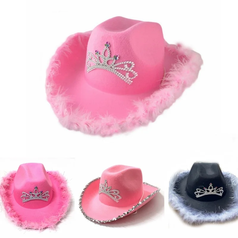 Women Wide Brim Fedora Women Girl Tiara Western Pink Cowboy Hat for Party