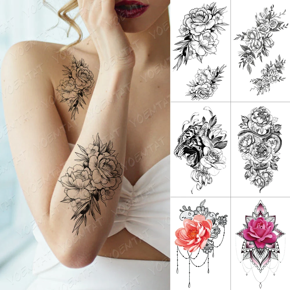 

Waterproof Temporary Tattoo Sticker Flower Lace Peony Rose Sketches Flash Tattoos Black Henna Body Art Arm Fake Tatoo Women Men