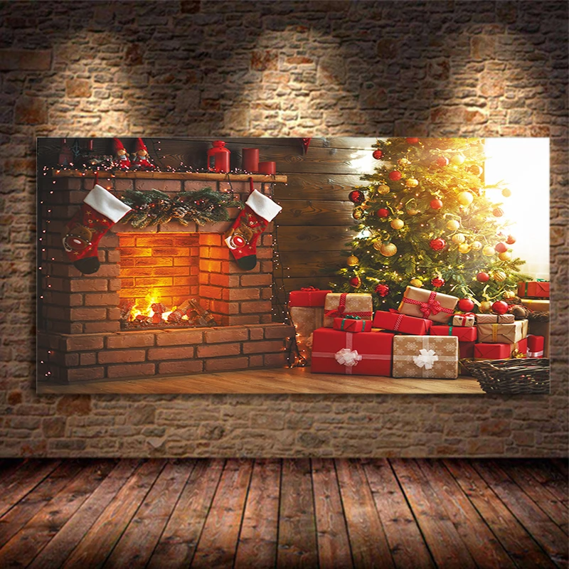 Christmas Backdrop Fireplace Tree Winter Tapestry X-mas Canvas Painting Gift Posters Prints Wall Art Pictures Family Home Decor