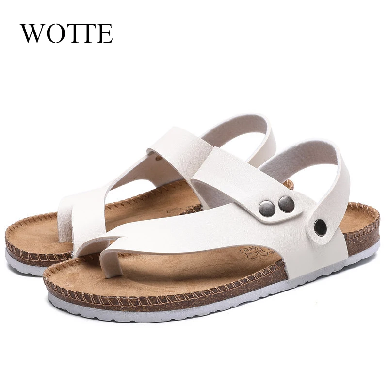 2024 Summer Men Sandals Cork Beach PU Leather Female Shoes Back Strap Soft Bottom Comfort Solid Ladies Footwear Big Size 45