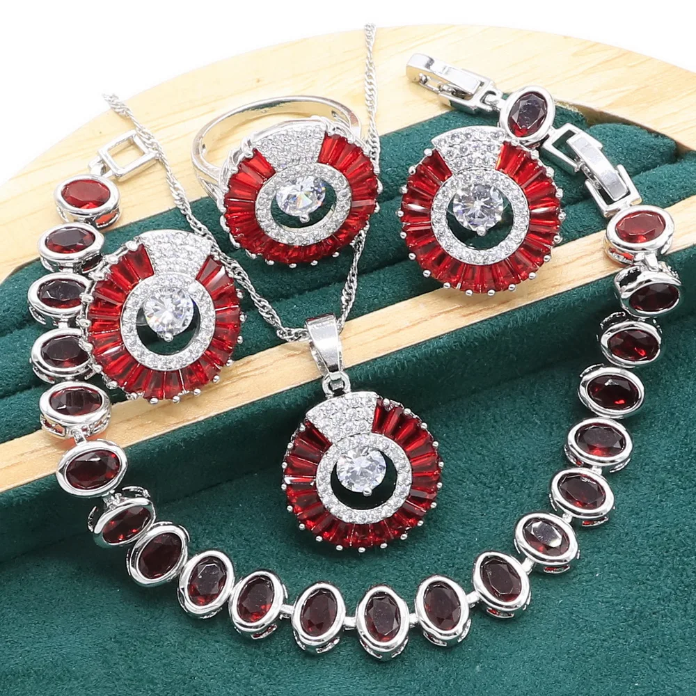 New Arrivals 925 Silver Jewelry Sets For Women Daily Red Ruby Bracelet Earrings Necklace Pendant Ring Wedding Jewelry Gift