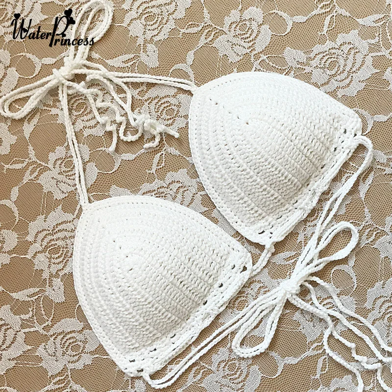 Pink Bikini Top 2024 Summer Sexy Swimwear Women Handmade Knitted Swimsuit Crochet  Padded Bra Push Up Ladies Beachwear Swim Suit