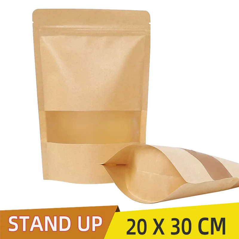 

20x30CM Stand Up Pouch Bags,Kraft Pouch with Tear Notch and Matte Window, Resealable Zip Lock Food Storage Bag