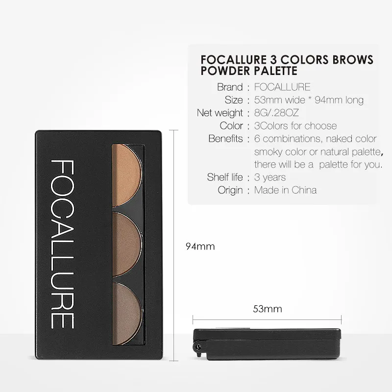 3 Color Waterproof Eye Shadow Eyebrow Powder Make Up Palette Women Beauty Cosmetic Eye Brow Makeup Kit Set by Focallure