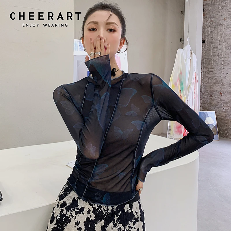 CHEERART Butterfly Print Mesh Top Long Sleeve Tees Patchwork Bodycon Tshirt Black See Through Crop Top Fashion T Shirt Women