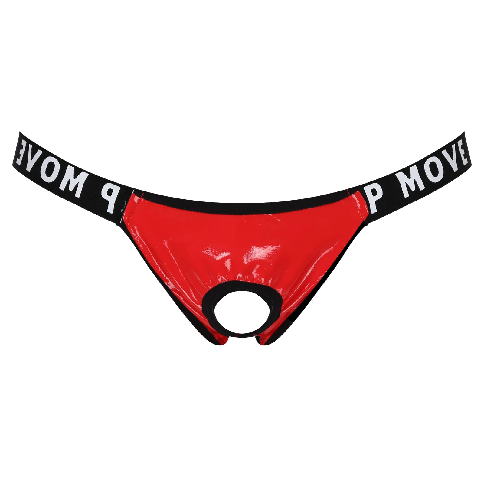 Men Hollow Out Patent Leather Briefs Lingerie Letter Print Waistband T-Back Thongs Latex Underwear Panties Bulge Pouch Jockstrap