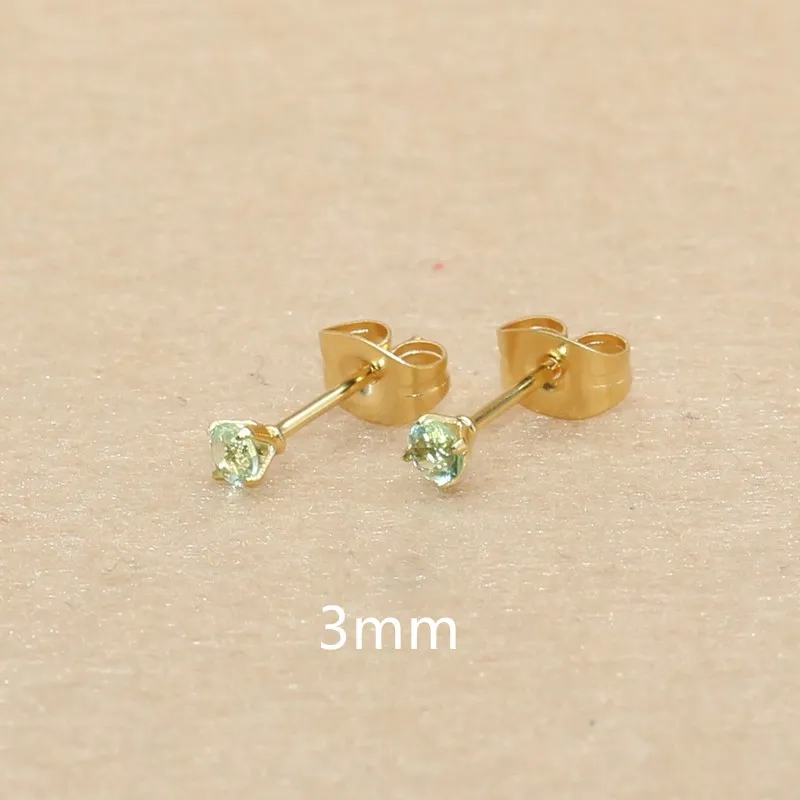 3mm 20 Colors For Choose 3 AAA Zircons 316L Stainless Steel Golden-color Stud Earrings No Fade Allergy Free