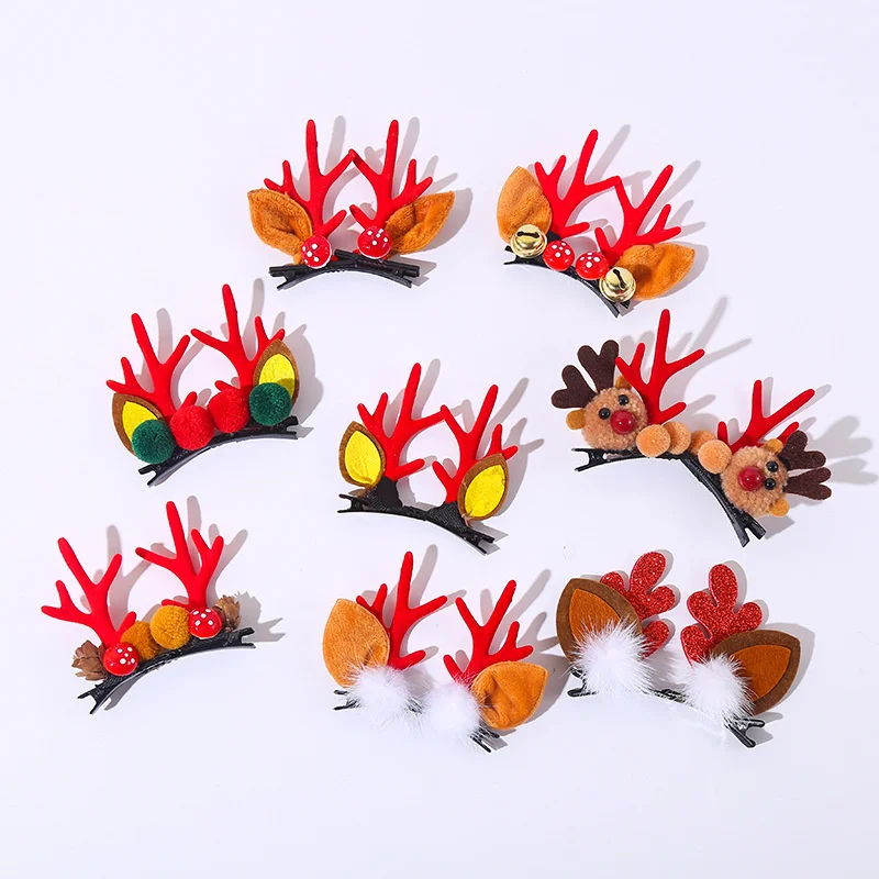 2022 Christmas Antlers Headdress New Year Kids Gifts Cute Red Decoartion Hairpin Bells Duckbill Clip Hairpin Ear Hair Ball Headb