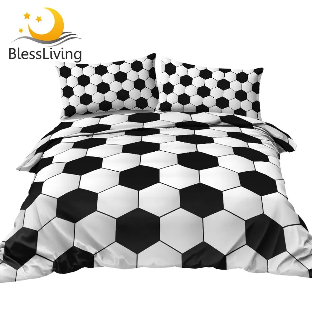 

BlessLiving Football Bedding Set Sports Duvet Cover 3 Piece Ball Pattern Classic Comforter Cover Black and White Home Textiles