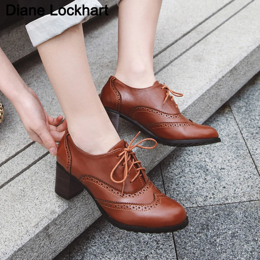 Chaussure Femme Autumn Women Oxford Lace Up Shoes Vintage Round Toe Women Ankle Boots England Style high heels Ladies Brogues 41