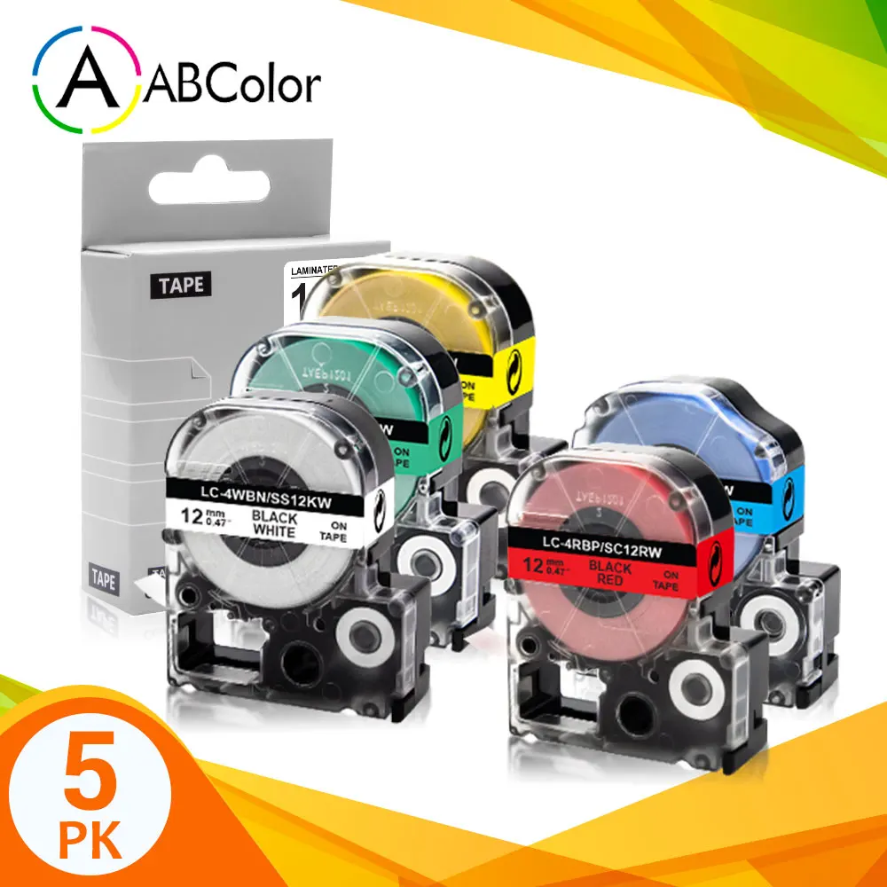 5PK 12mm Compatible Tape SS12KW SC12RW SC12YW SC12BW SC12GW Label Tape Printer Ribbon LK-4WBN For Epson King Jim Label Maker