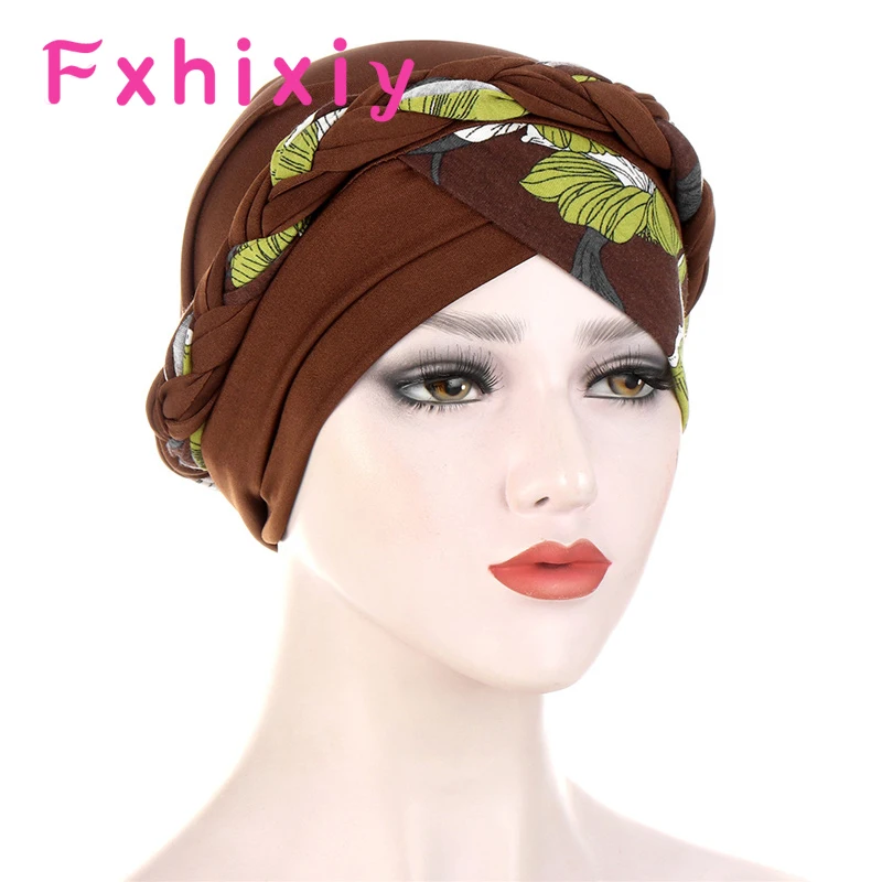 

New Braid Turban Hat Flower Printed Cotton Headscarf Bonnet Forehead Cross Twist Muslim Hijabs Women Summer Hair Accessories