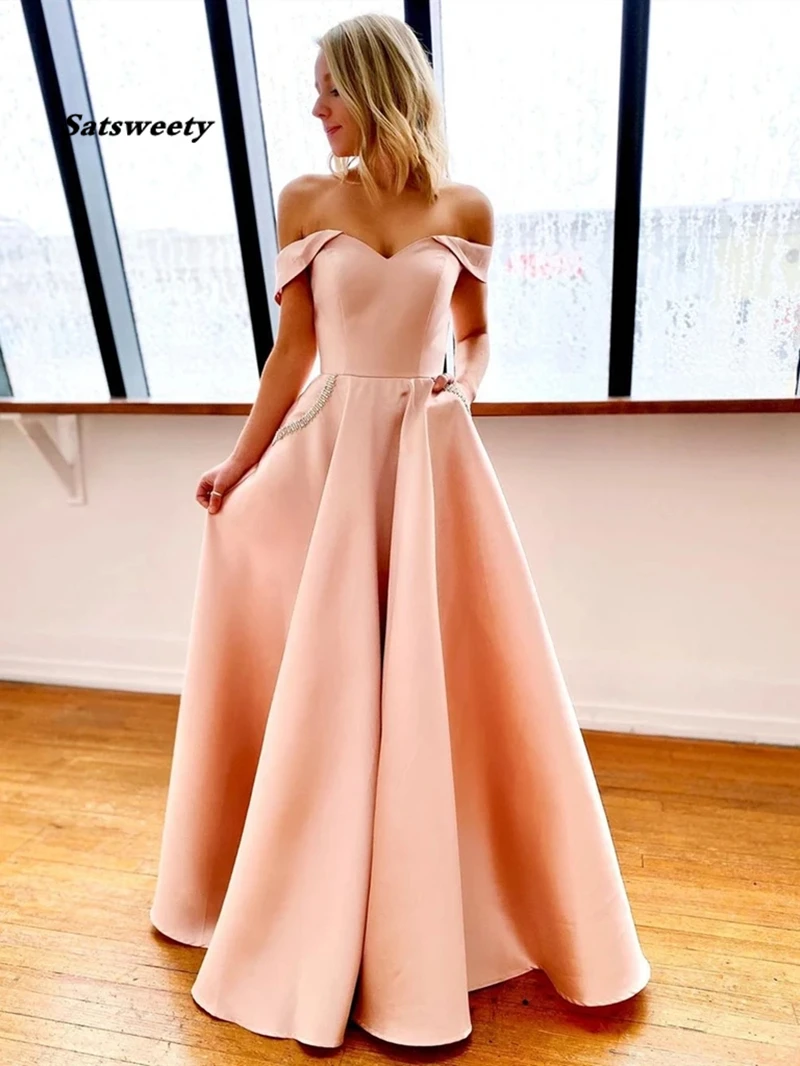 Off the Shoulder Pink Yellow Long Prom Dresses with Pockets Long Saudi Arabia Muslim Evening Gown Fashion Women Party Dress