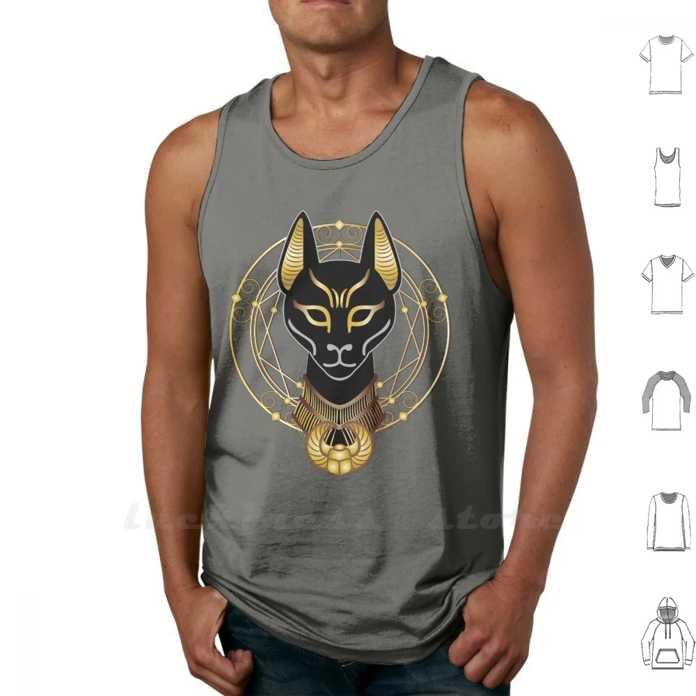 Golden Bastet Tank Top Vest Sleeveless Men Women Cotton Bastet Cat Feline Goddess Egypt Mandala Gold Golden Sacred Spiritual