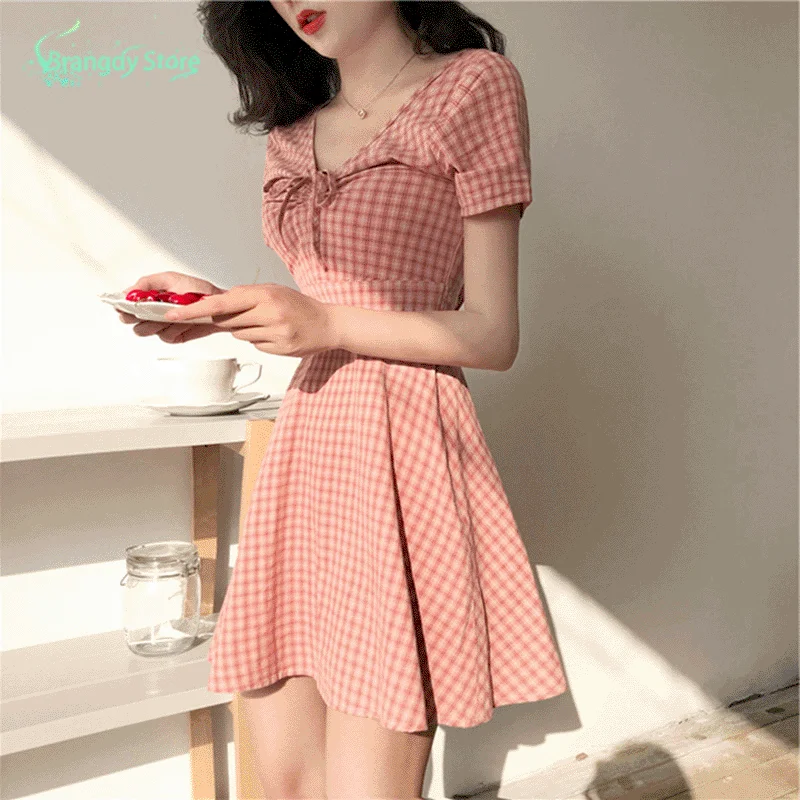 

2021 Fashion Women Aesthetic Korean Fashion Harajuku Cottagecore Vestidos Plaid Skirt Fairy Elegantes Dress Casual Clothing