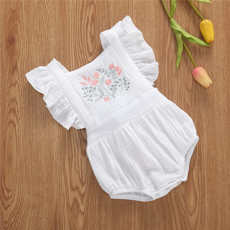 0-24M Newborn Infant Baby Girls Flowers Print Ruffles Short Sleeve Cotton Backless Lovely Jumpsuits Headband