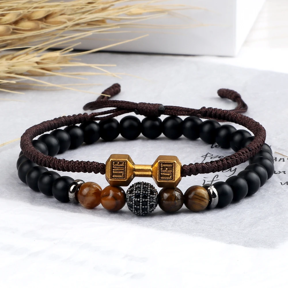 2pcs/Set Men Beaded Bracelet 6mm Charm Nature Onyx Stone Braided Strand Dumbbell hread Bracelets Women Barbell Fitness Jewelry