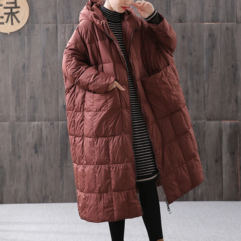 Winter Women Oversize Coat 90%  Loose Long Duck Down Jacket Female Size Overcoat Winter Jacket Women Stitching Hooded Parkas