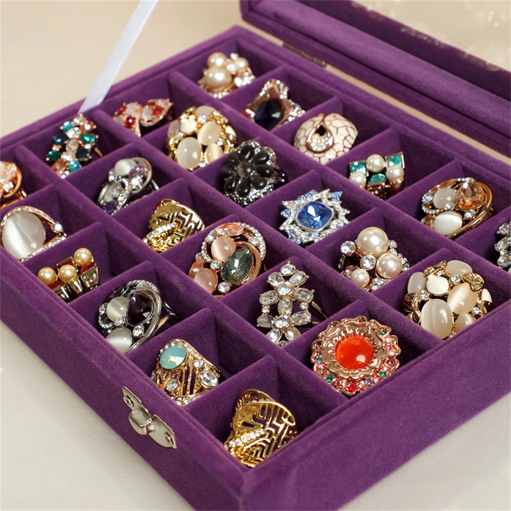 24 Grids Black Rose Red Velvet Jewelry Box Rings Earrings Necklaces Makeup Holder Case Organizer Women Jewelery Storage