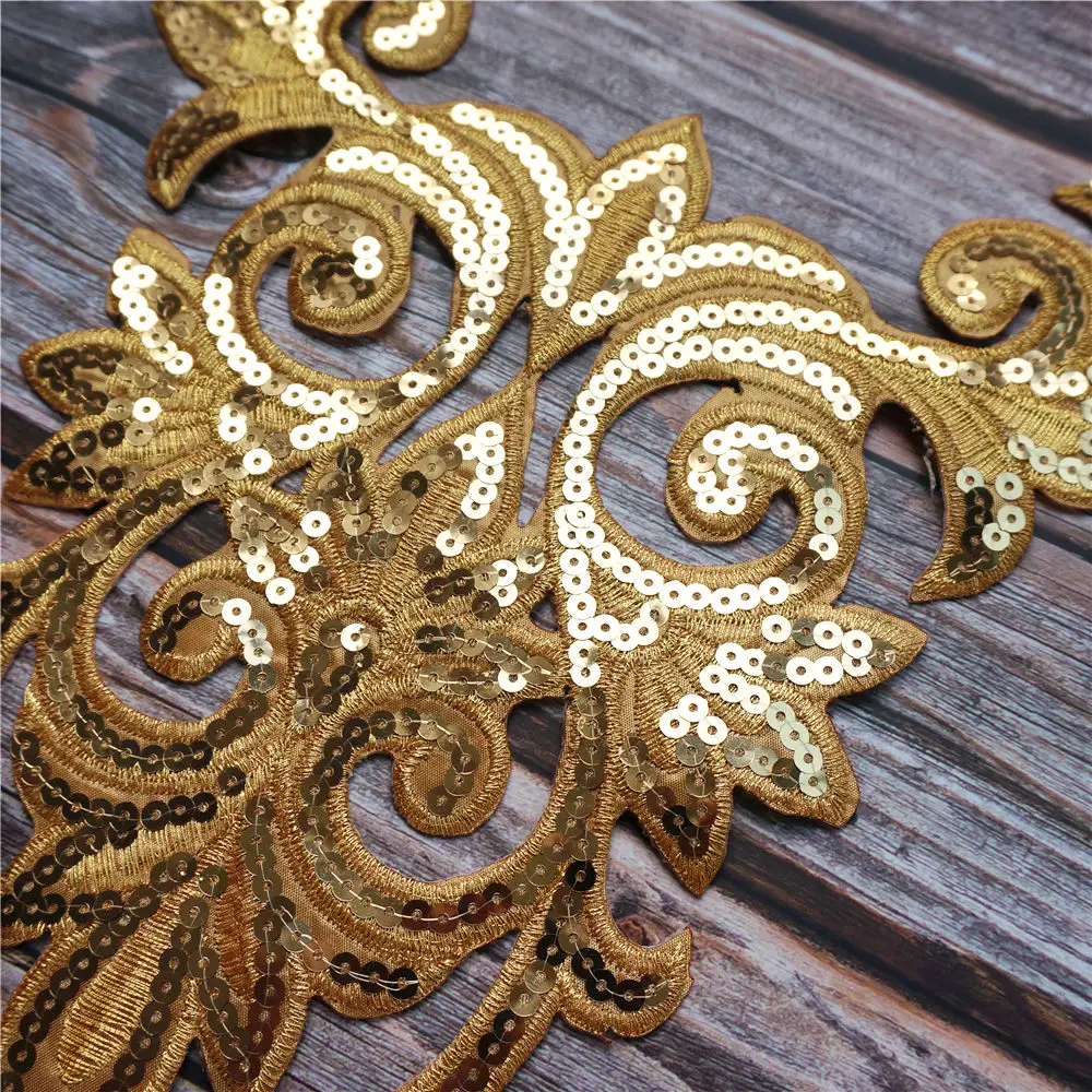 Gold Sequin Owl Embroidered Fabric Trims Wedding Gown Appliques Collar Mesh Sew Iron On Patches For Dress DIY Decoration