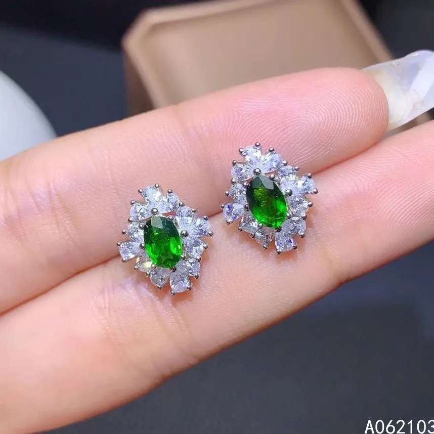 

KJJEAXCMY 925 sterling silver inlaid natural diopside Women's fresh elegant lovely flower gem ear stud earring support check