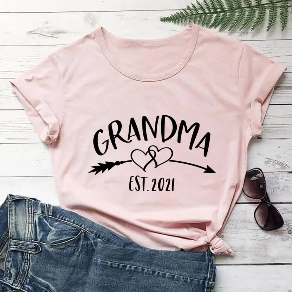 

Grandma Est 2021 100%Cotton Printed Women's Tshirt Grandma Gift Tee New Grandmother Funny Summer Casual O-Neck Short Sleeve Tops