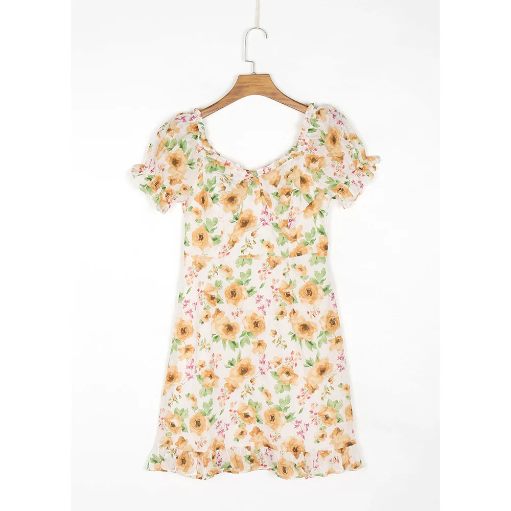 Vestidos para as mulheres 2021 querida pescoço plissado borda mini vestido de verão manga curta puff férias boho floral impressão praia vestido