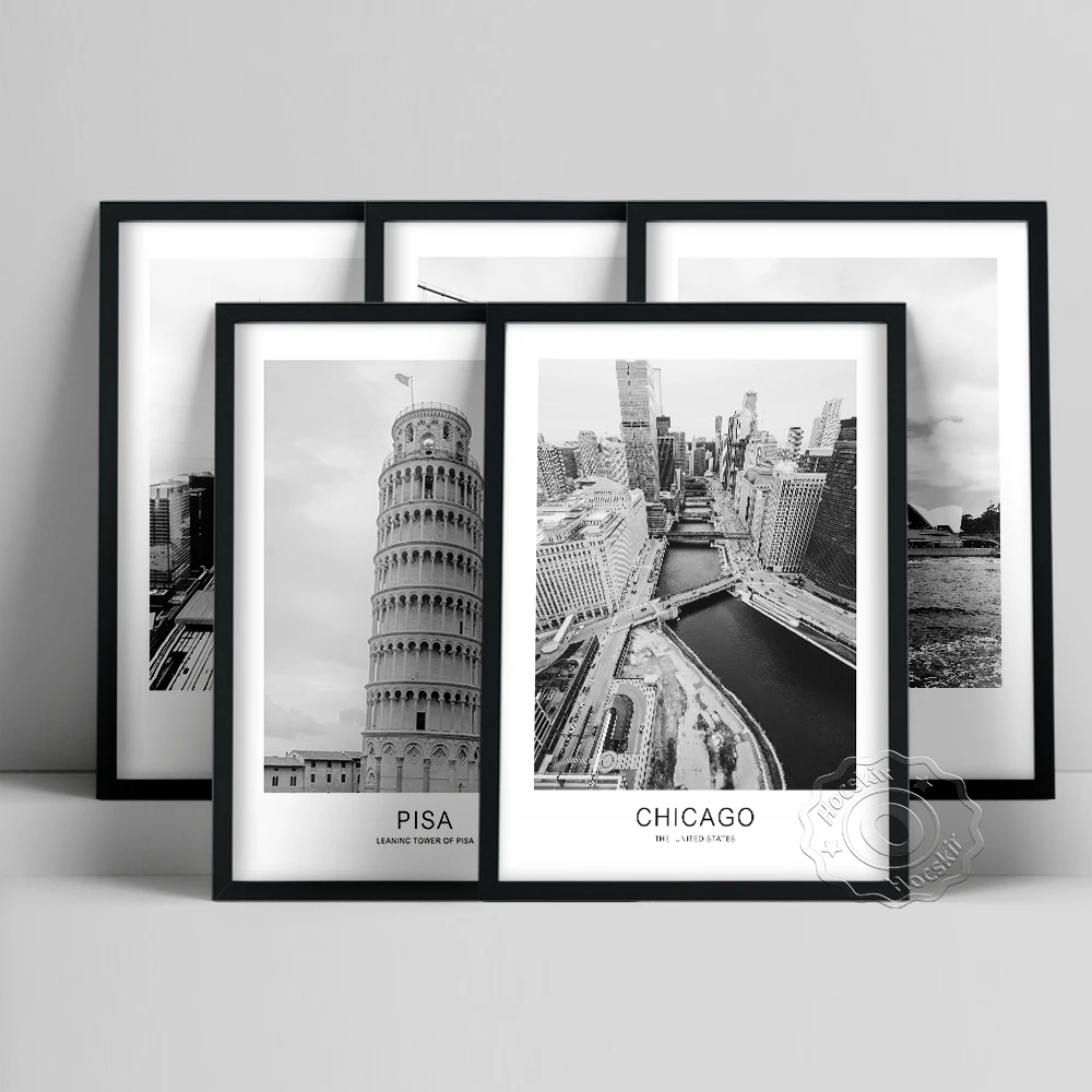 World Travel Black White City Landscape Poster, Toronto San Francisco Sydney Pisa Chicago Tour Prints, Urban Scenery Wall Decor