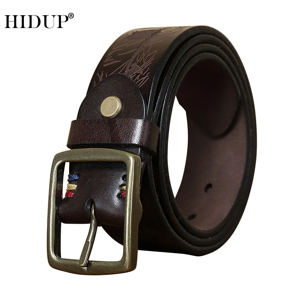 HIDUP Unique Design Retro Floral Pattern Styles Cow Leather Belt Gold Brass Buckle 100% Cowhide Belts Jeans Accessories NWJ1099