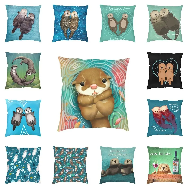 Kawaii Couple Sea Otters Cushion Cover Sofa Chair Pet Animal Throw Pillow Case Home Decoration Cool Pillowcase Cozy Pillowslip