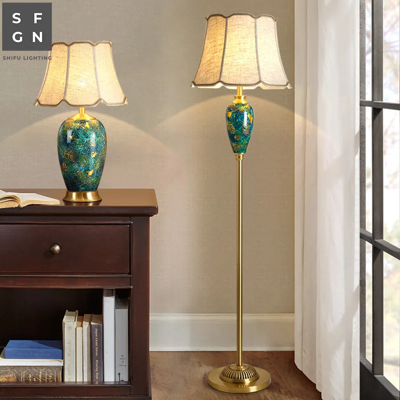 

American style floor lamp modern Copper Fabric Lampshade standing Lamp E27 LED floor lamps for living room study bedside office