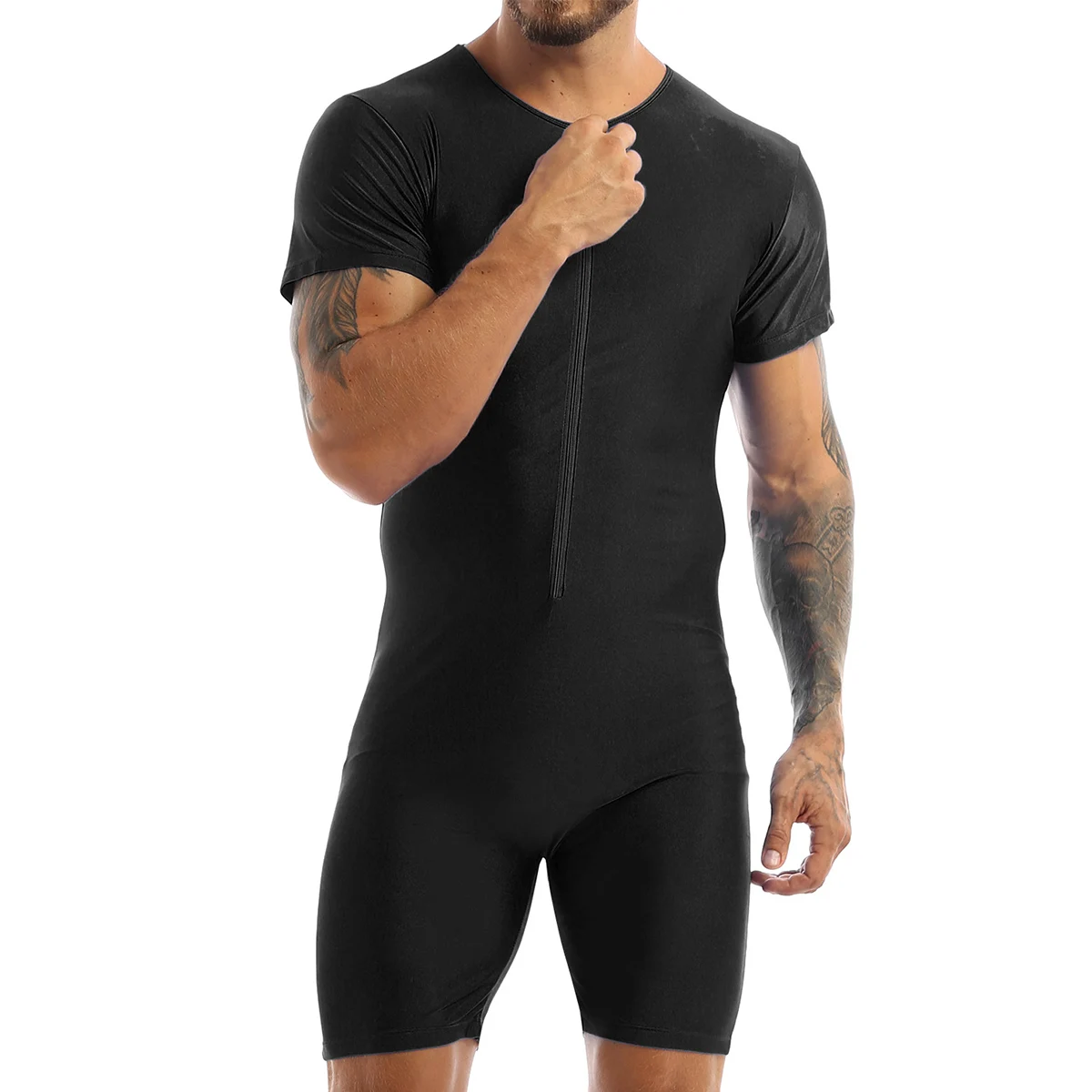 Mens Soft Bodysuit Swimwear Short Sleeve Zipper Boxer Jumpsuit Swimsuit Rash Guard Wetsuit Beach Pool Party Surfing Bathing Suit