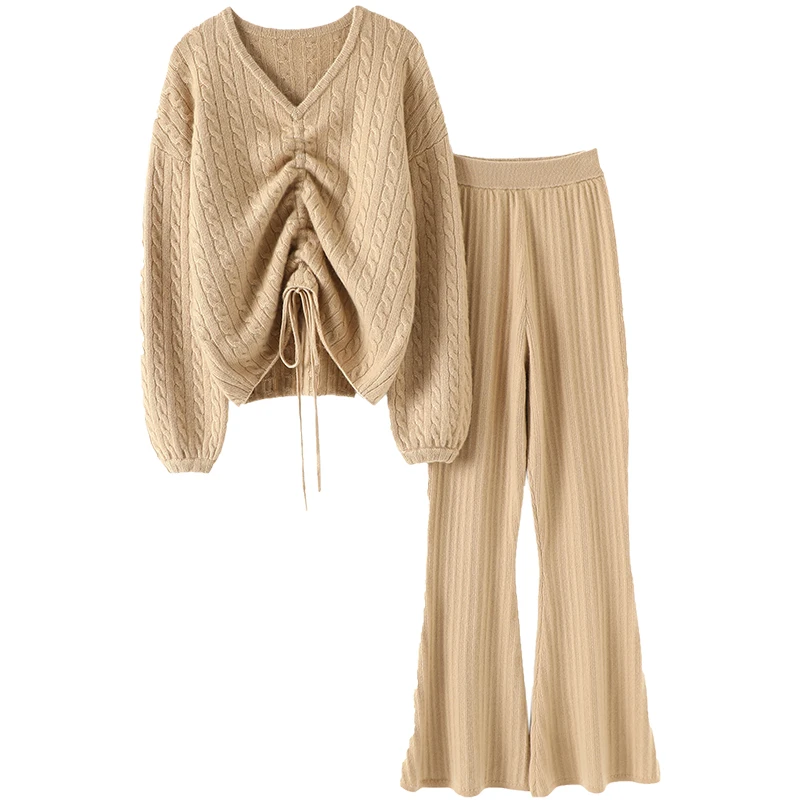 

aliaga winter new cable knit v neck 100% cashmere 2 piece set