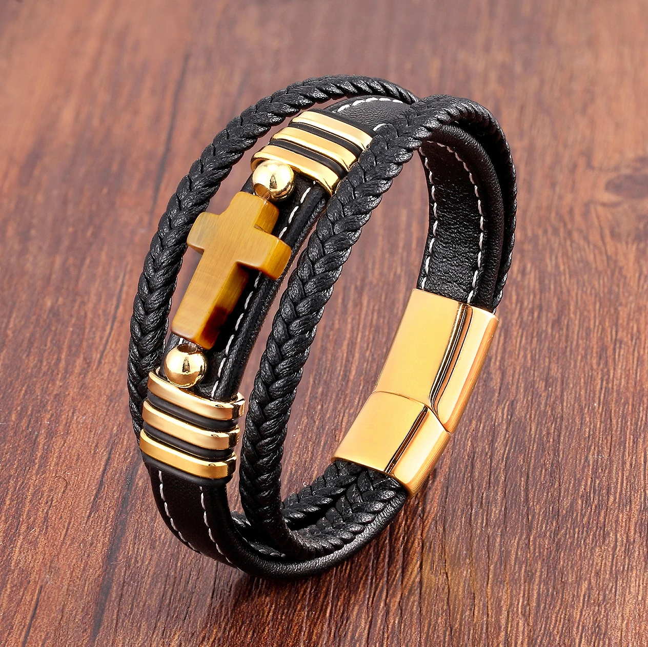 Natural Stone Cross Men Bracelet Multilayer Woven Leather Cord Tiger Eye Bracelets Charm Stainless Steel Bracelet Jewelry Gifts