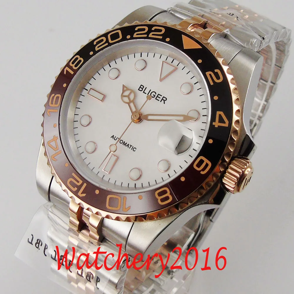 

40mm Bliger White Dial Luminous Rose Gold Ceramic Bezel Sapphire Glass NH35A PT5000 Movement Date Automatic Mens Watch