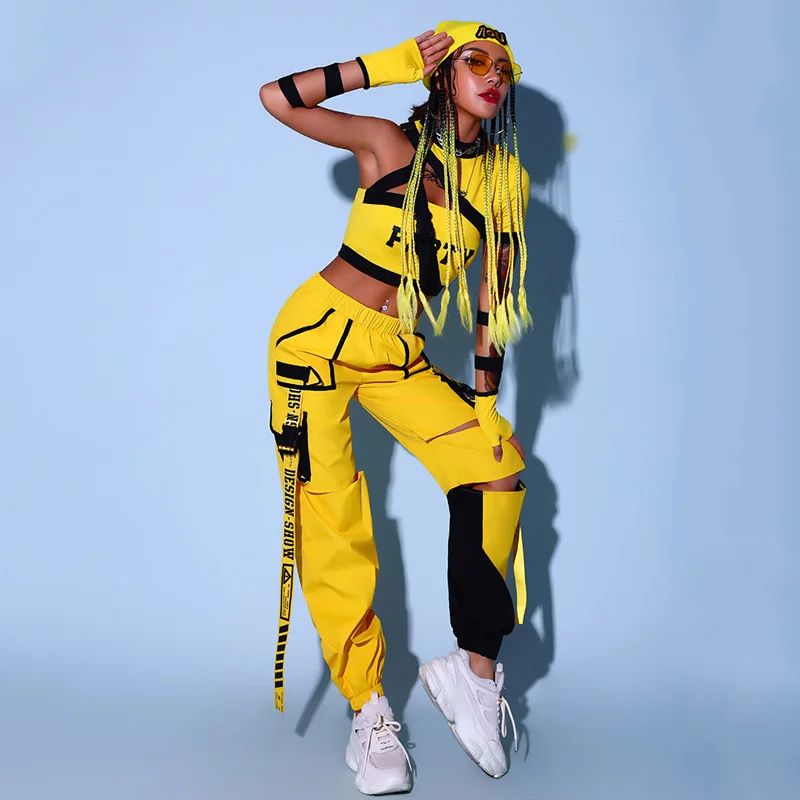 Jazz Dancer Outfit Women Hip Hop Dancewear Cheerleader Unidorm Stage Costume Yellow Cargo Pants Crop Tops DJ DS Clubwear DL8188