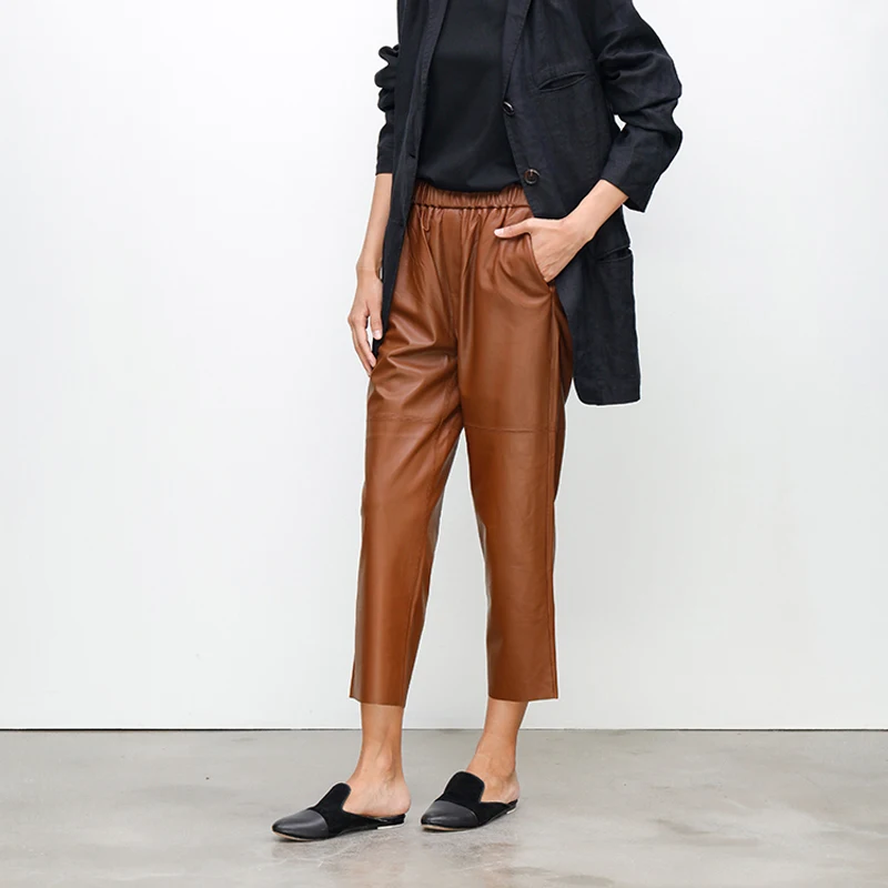 2021 NEW Women Ropa 100% Natural Genuine Leather Trousers Femme Loose Tapered Elastic Waist Khaki/Blue Casual Harlan Pants