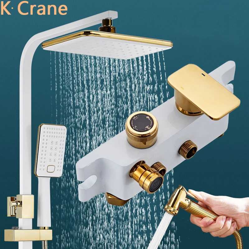 

Thermostatic Shower System Set Bathroom Hot Cold Mixer Bath Faucet Wall Mount SPA Rainfall Grifo Modern White Gold Bathtub Kraan