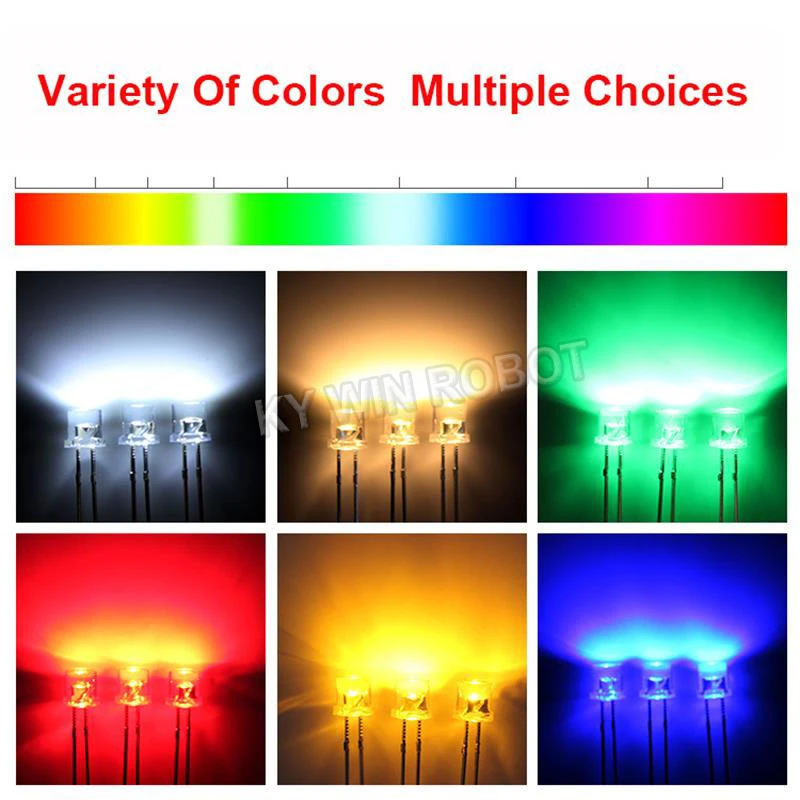 100pcs 5mm Flat Top White Red Yellow Blue Green Assorted Kit Lamp Diode LED Ultra Bright Bulbs Emitting Diodes F5 5 mm DIY Light