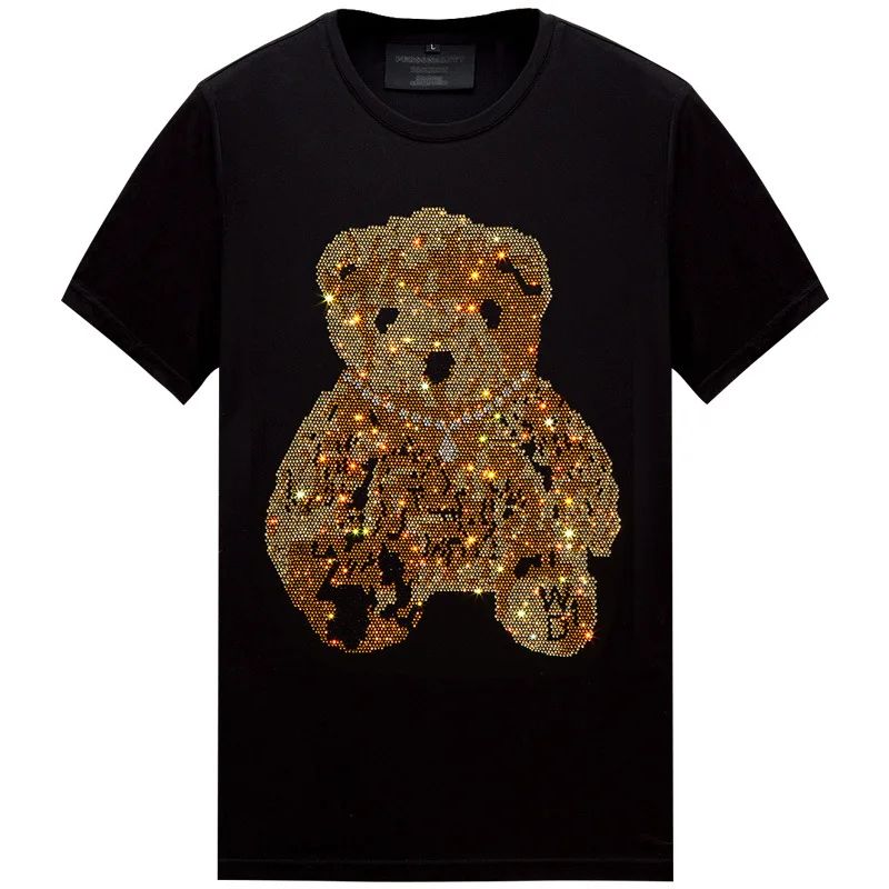 2025 Bear Rhinestones Men T Shirts Streetwear Fashion Man Clothing Slim Modal Cotton O Neck Short Sleeve T-shirts Plus Size 6XL