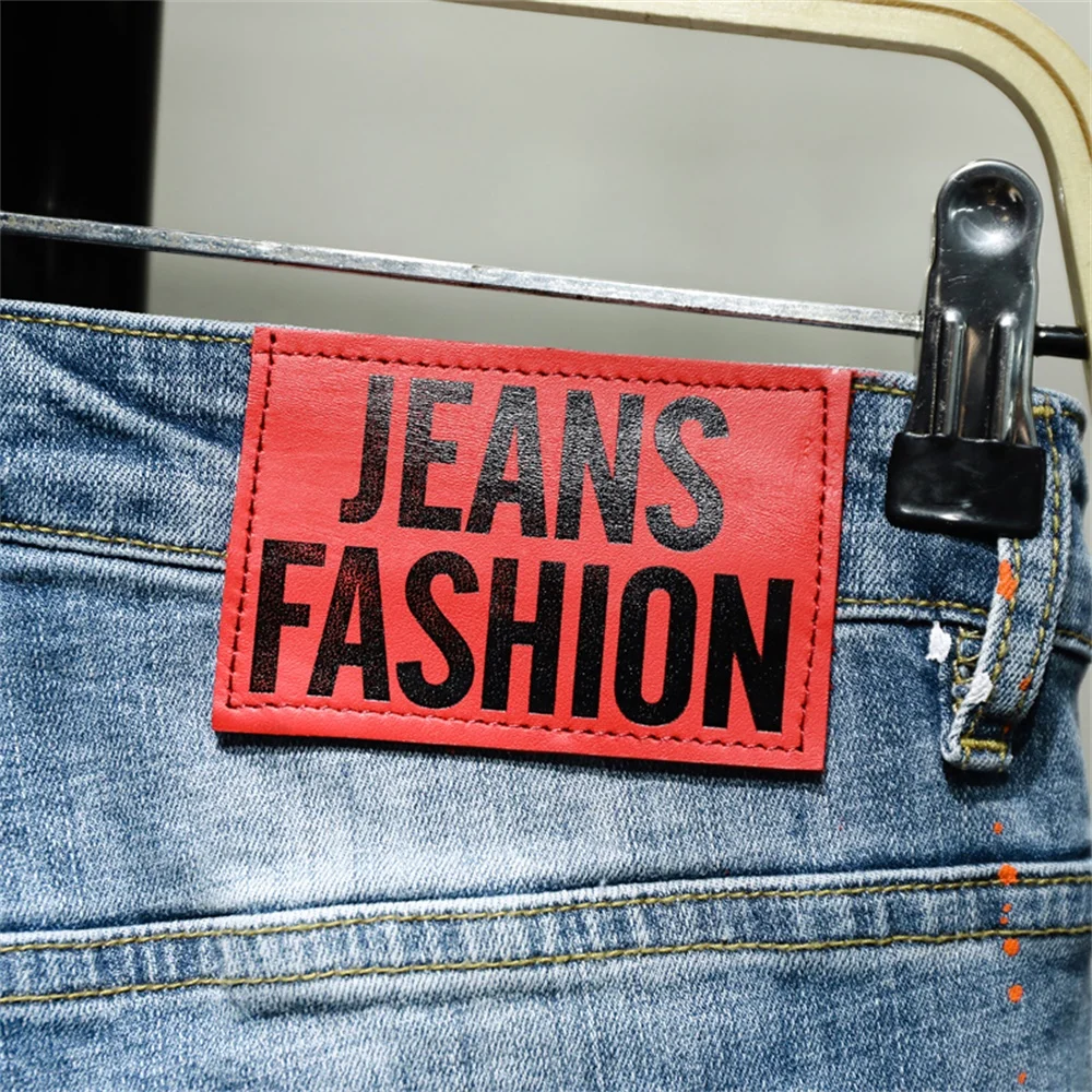 EH · MD® Hole-lined Printed Letter Jeans Men's Splash Ink Paint Dots Soft Casual Loose Cotton Elastic Trousers Mustache Red Ears