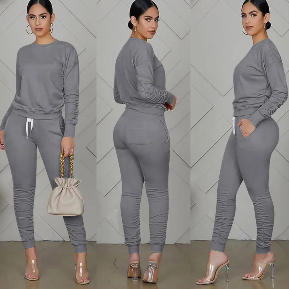 Fall Casual Sport Women Two Piece Set Tracksuit Long Sleeve Sweatshirt Tops Stacked Jogger Sweatpant Suit Outfits Matching Set