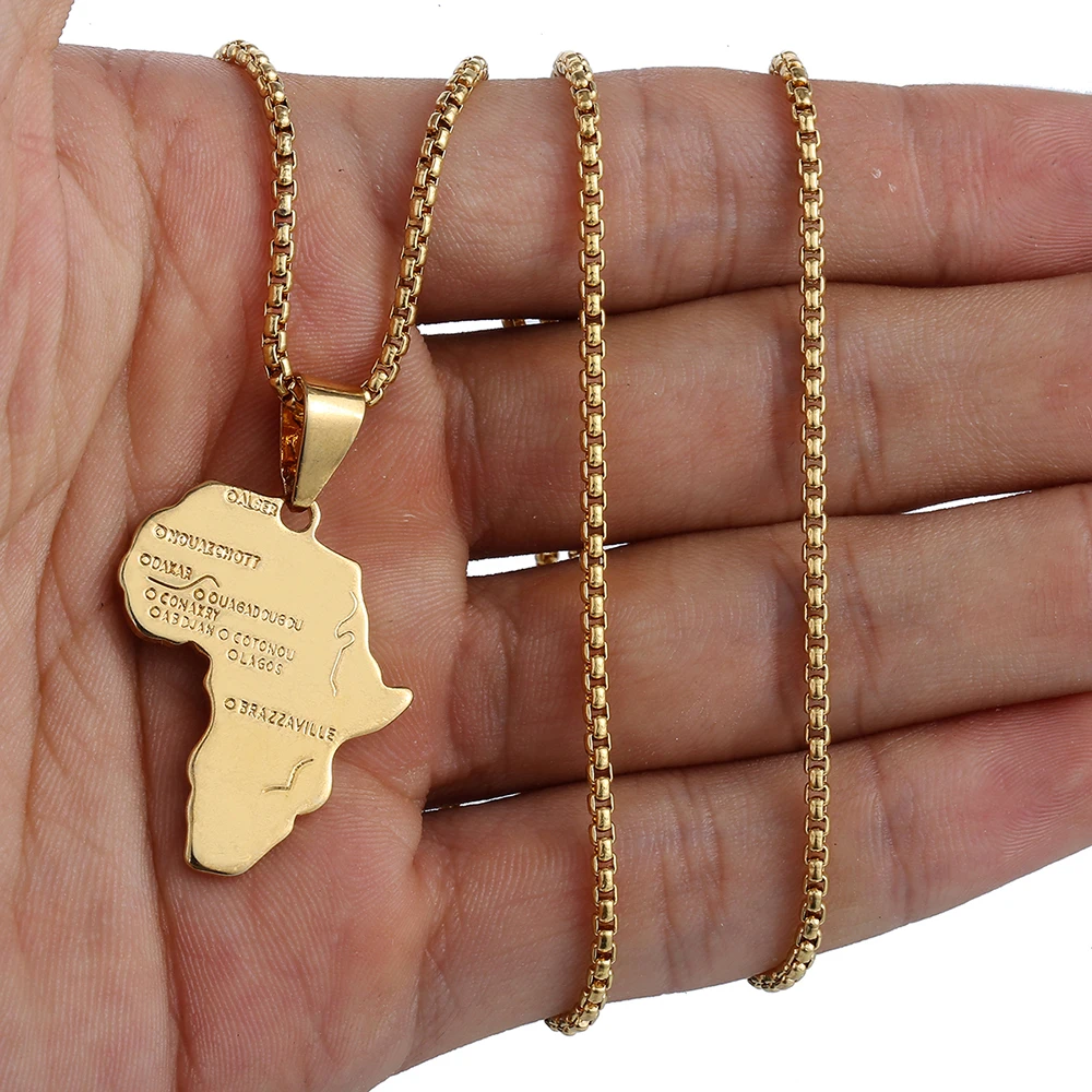 Pendant Necklace for Men Women Gold Color Africa Map Shape Pendant Box Link Chain Necklace Dropshipping DGP56A