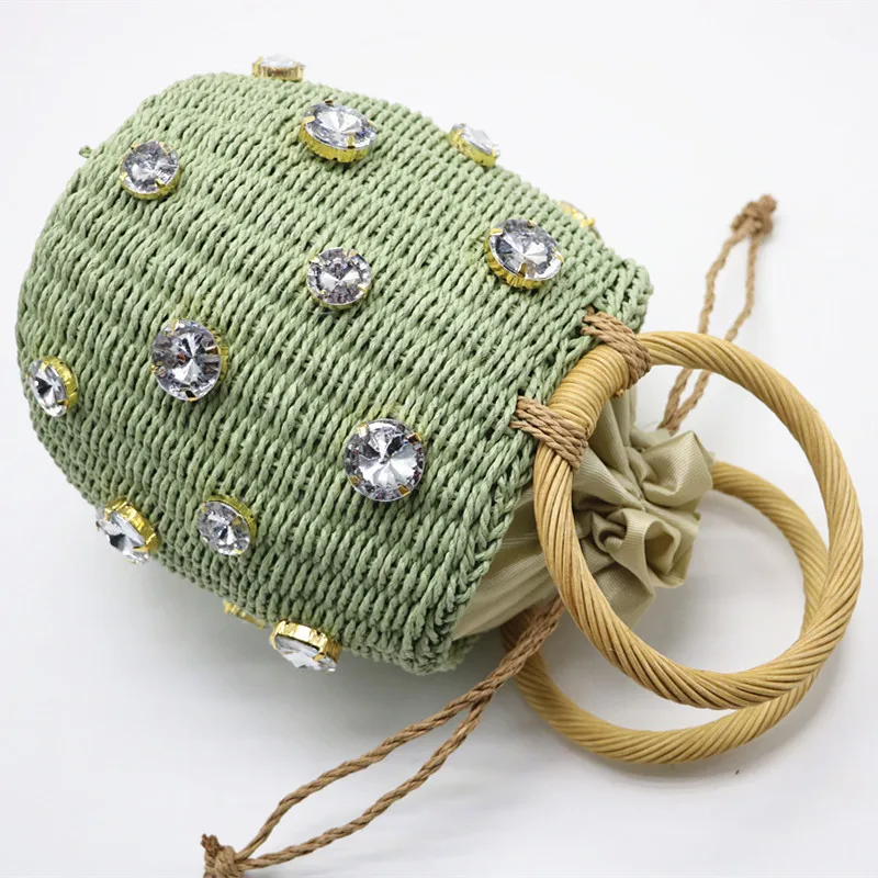 Summer Round Rattan Handmade diamond Pearl Bag Bohemian Leisure Straw Bag Bucket Knitting Shoulder Crossbody Beads Beach Bag