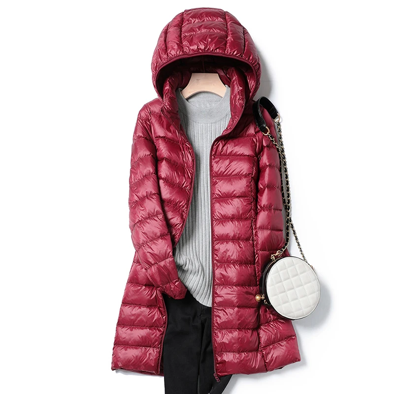 Chaqueta de plumón fina ultraligera para mujer, chaquetas largas con capucha de plumón de pato blanco, abrigo cálido de manga larga, Parka femenina,