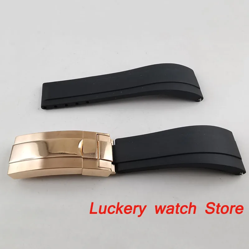 20mm black rubber strap Rose gold folding buckle fit 20mm width men\'s watch-BD09