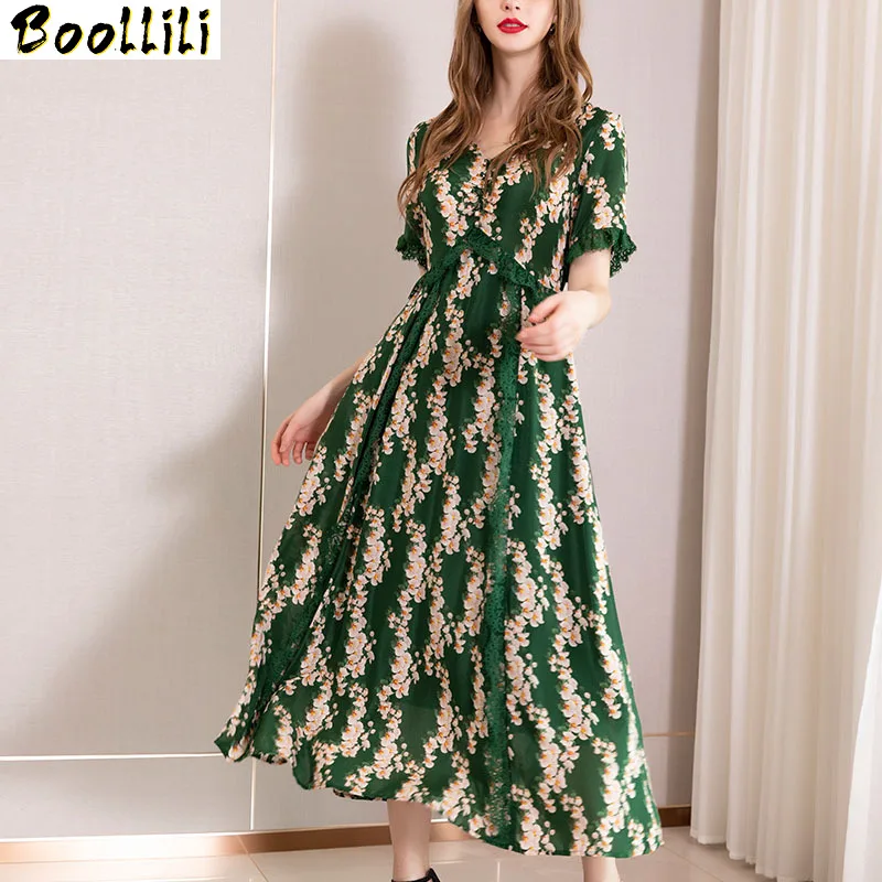 

Silk Boollili Real Dress Women Vintage Summer Dress Korean Midi Beach Dress Elegant Party Dress Lace Vestidos Mujer