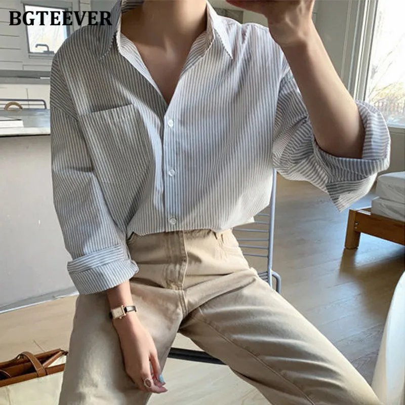 BGTEEVER Vintage Nữ Sọc Nữ Áo Kiểu Cổ Bẻ Tay Dài Rời Nữ Áo Sơ Mi Cổ Cao Cấp Femme Mùa Xuân 2021