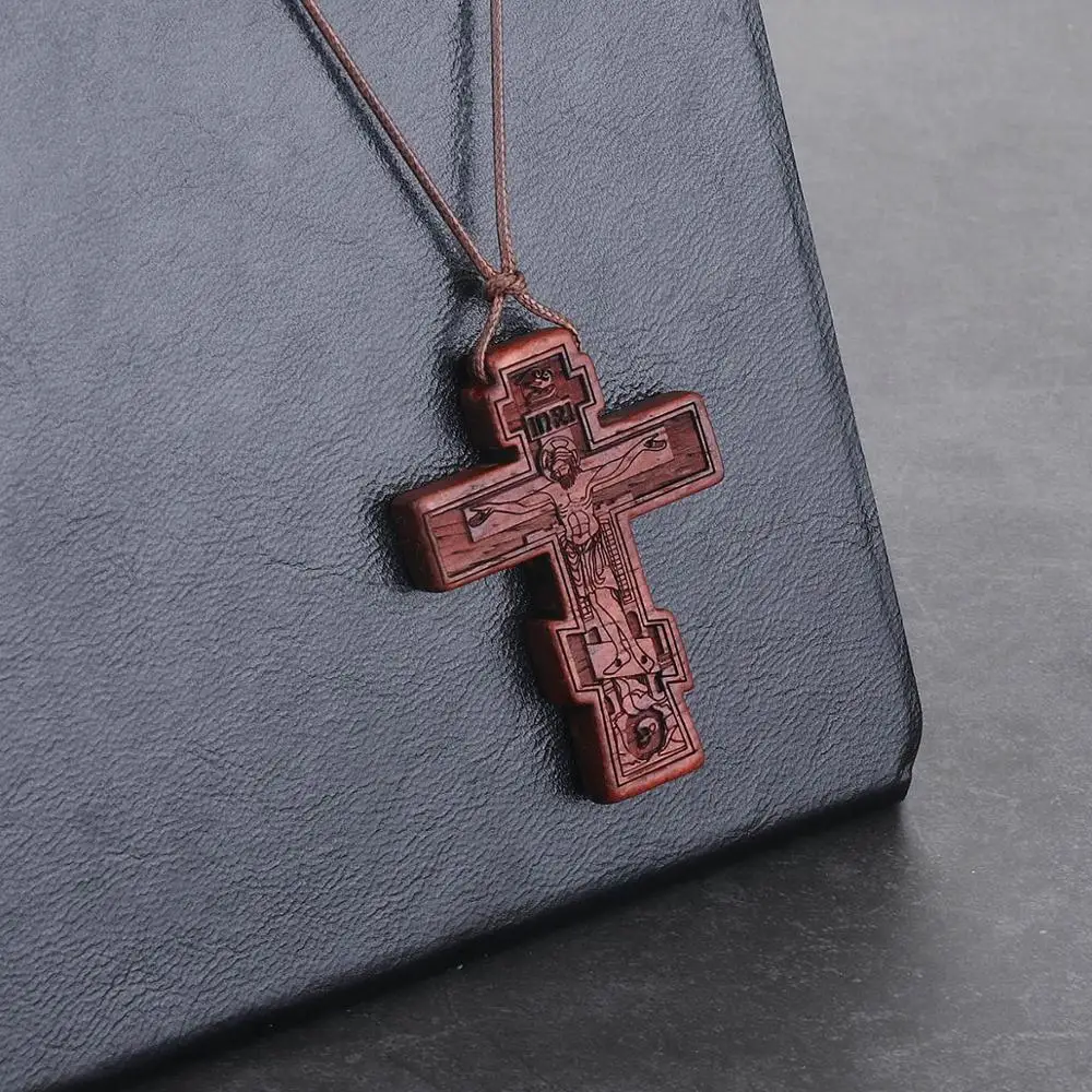 Orthodox Natural Wooden Umbila Crucifix Cross Jesus Pendant Necklaces Adjustable Leather Rope Chains Necklaces Jewelry