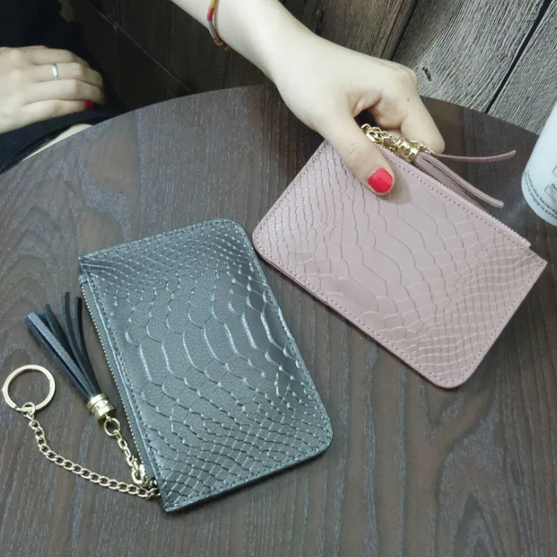 

Fashion Ladies Wallet Mini Coin Purse With Card Holder Real Leather Handbag Snake Pattern Short Zipper Slim Clutch With Keychain